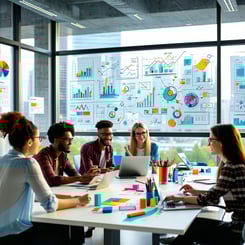 A modern and sleek office environment showcasing a team of diverse professionals engaged in a collaborative product development meeting The space features large windows with natural light flooding in hightech digital displays showing product designs