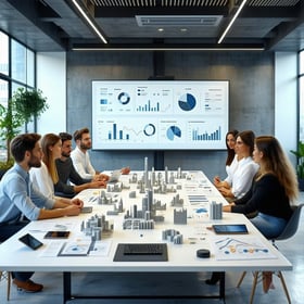 A modern office environment with a sleek conference table surrounded by diverse professionals engaged in a brainstorming session One person is presenting on a large screen displaying graphs and product designs Various prototypes and digital devices a