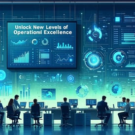 A visually engaging digital illustration showcasing a modern office environment with employees collaborating around hightech workstations The scene features large screens displaying graphs and metrics related to operational excellence and intelligent