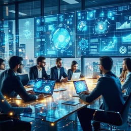 A visually engaging digital illustration showing a modern business environment In the foreground a diverse team of professionals collaborates around a sleek conference table with laptops and digital tablets displaying realtime data analytics The back