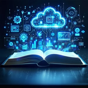 The image features an open book resting on a sleek dark surface Its pages are illuminated with a soft ethereal glow casting a faint light around it From the pages various futuristic icons are emerging including a digital cloud a circuit board a gear